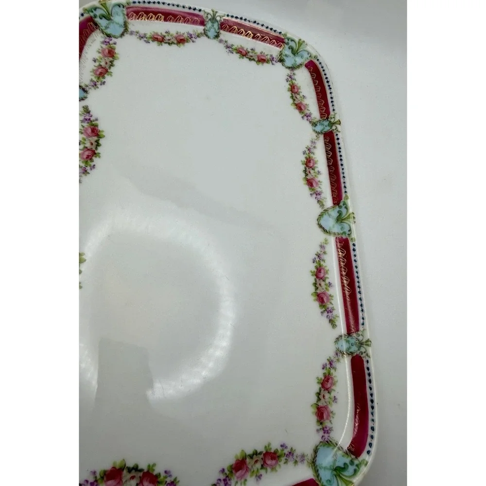 Antique ES Prussia Porcelain Dresser Tray Pink Roses Raspberry Border 11.25